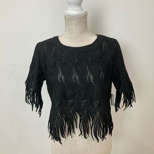 GRACIA Black Fringe Short Sleeve Crop Top M